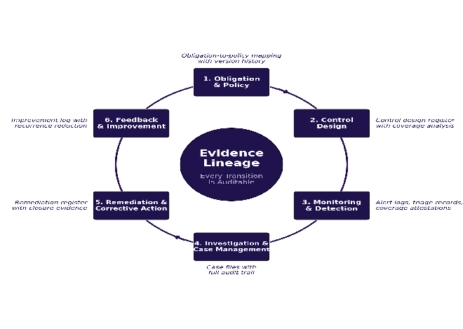 Behavox Defensibility Loop: a closed six-stage cycle around a central "Evidence Lineage - Every Transition Is Auditable" hub. Stage 1 Obligation & Policy produces an obligation-to-policy mapping with version history; 2 Control Design a control design register with coverage analysis; 3 Monitoring & Detection alert logs, triage records and coverage attestations; 4 Investigation & Case Management case files with a full audit trail; 5 Remediation & Corrective Action a remediation register with closure evidence; 6 Feedback & Improvement an improvement log with recurrence reduction.